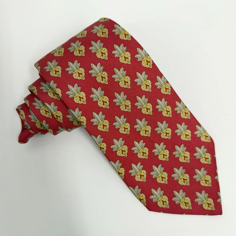 Hermes Men's Tie Floral Plant Vase Red/Green/Gold Silk 7399 PA 3.25